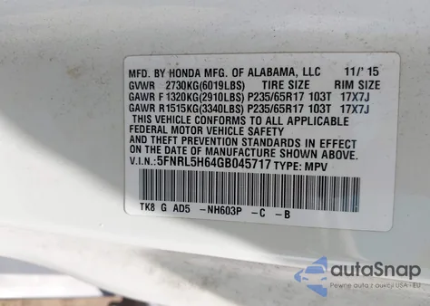 2016 Honda Odyssey Ex-L from USA, damaged, VIN 5FNRL5H64GB045717